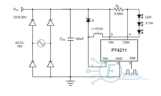 PT4211E23E, (PT4211), LED драйвер, 30В, 350мА, SOT23-5