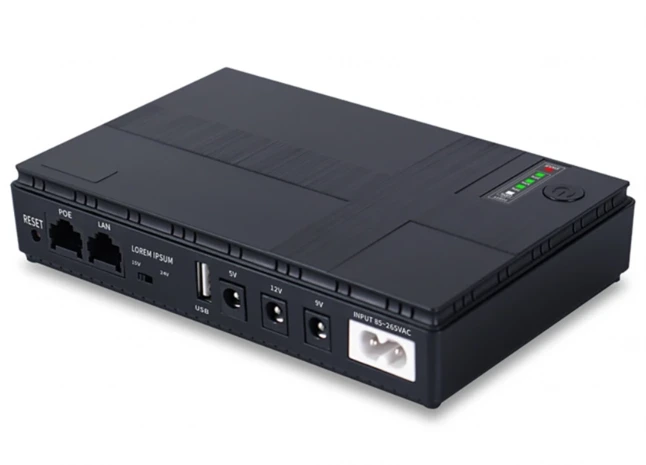 DC1018P mini UPS 5V/9V/12V DC, PoE 15V/24V, USB, 10400mAh